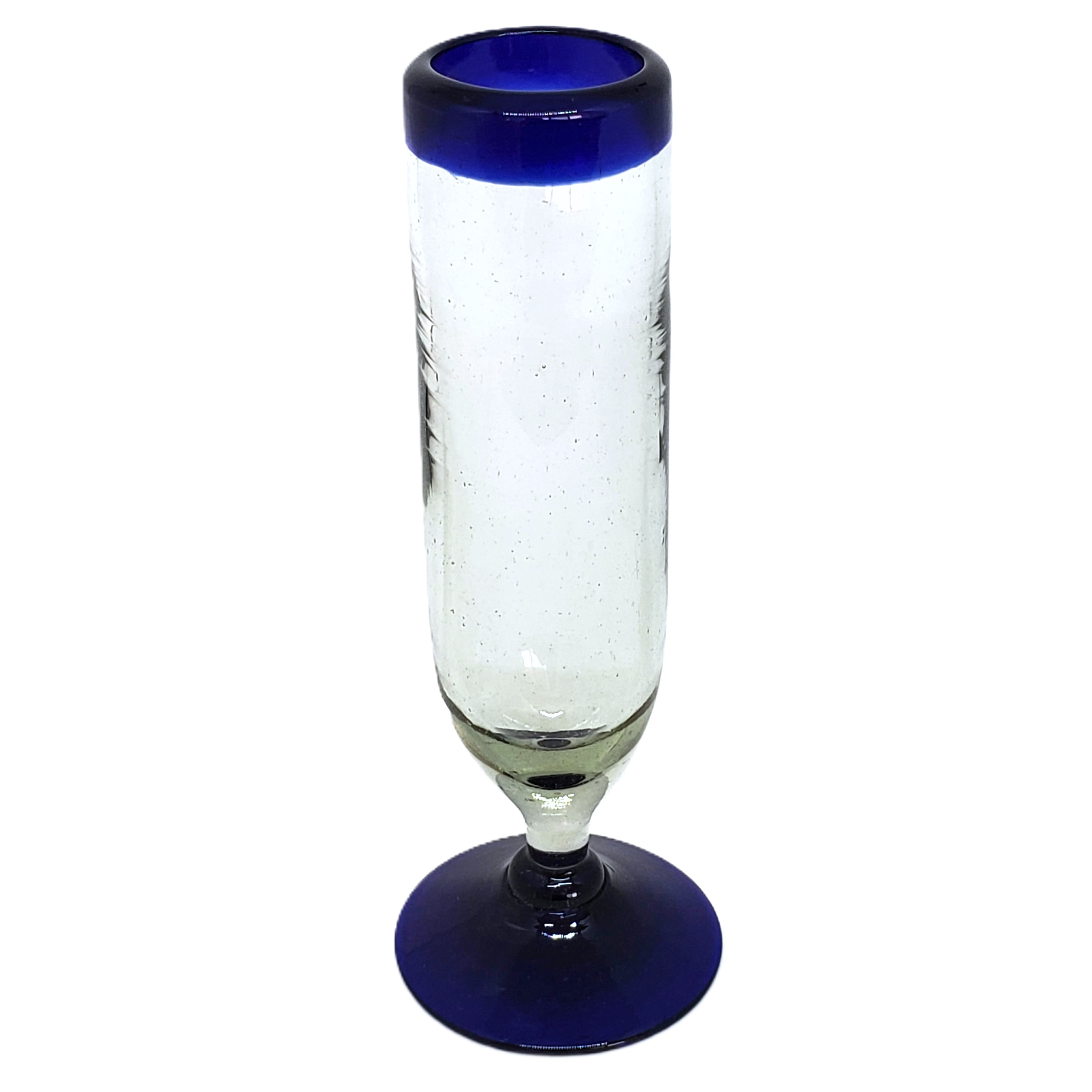 copas de champaa con borde azul cobalto, 6 oz, Vidrio Reciclado, Libre de Plomo y Toxinas